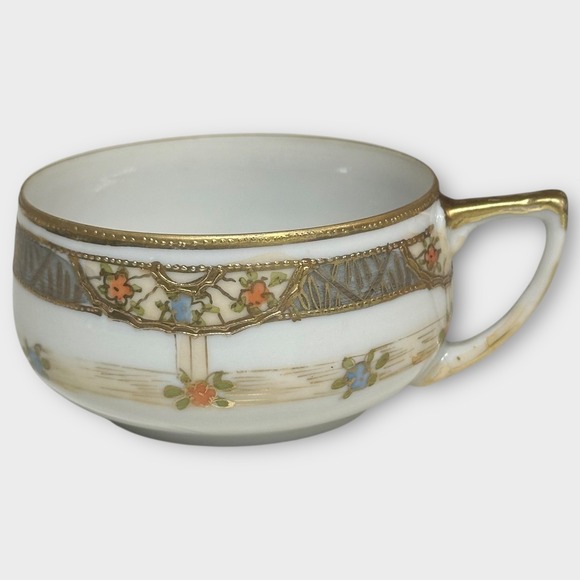 Vintage Nippon Hand Painted Tea Cups Raised Textured Designs Gold Trim Floral - Picture 3 of 14